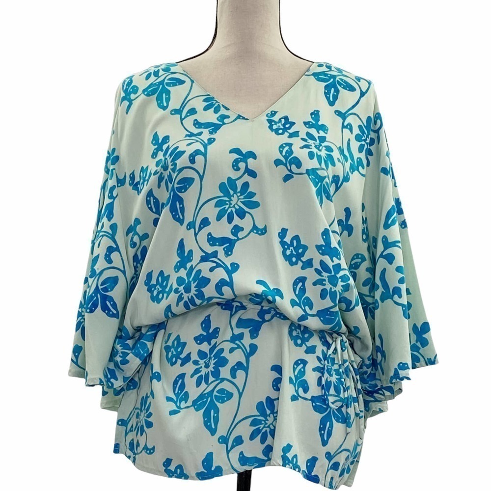 GO Fish White Blue Floral Tie Waist Dolman Blouse
